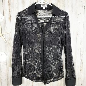 Express Portofino Lace Semi Sheer Top Black Small
